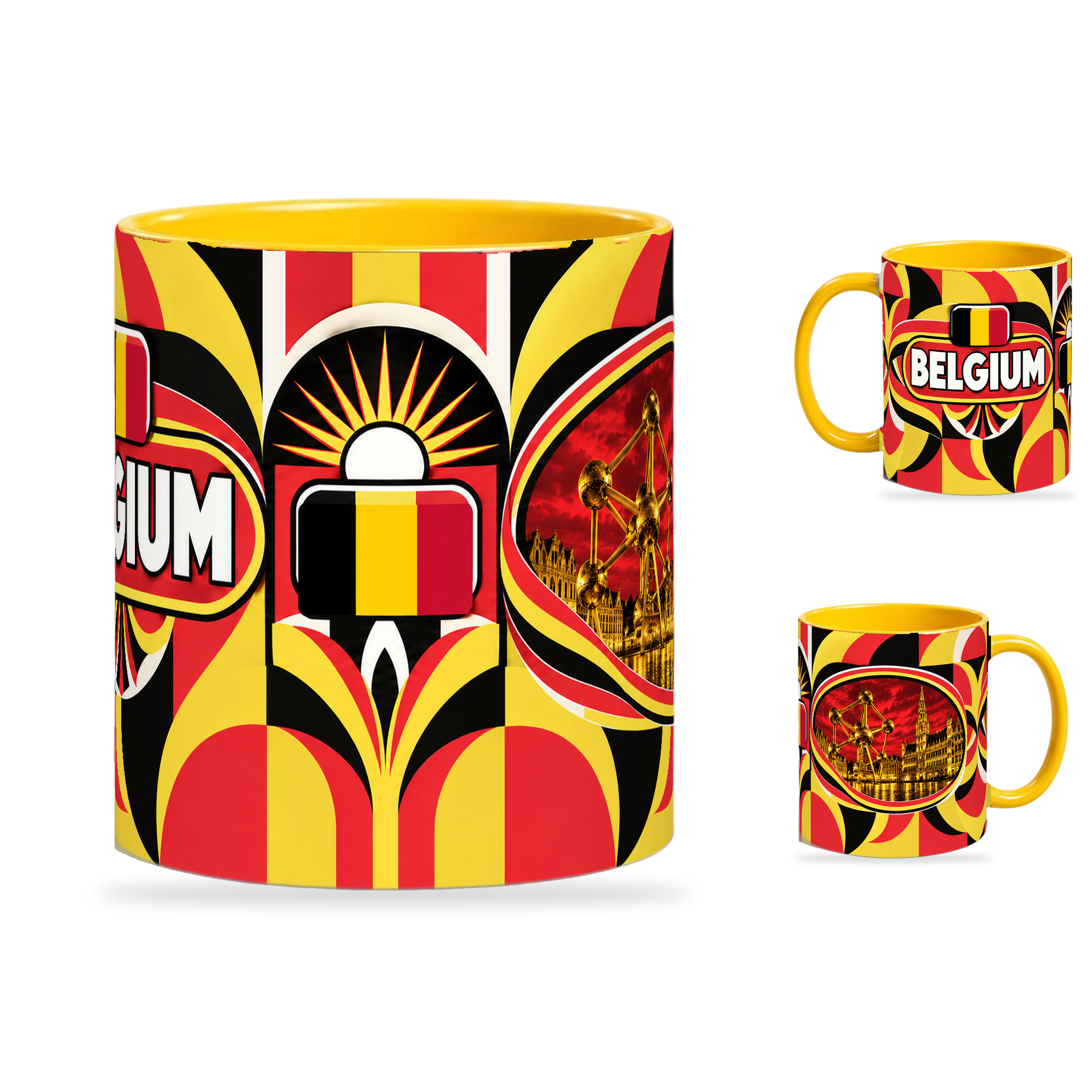 Belgium Mug – 320ml with yellow handle, showing the centered flag view plus companion country-name and landmark views of the glossy full-wrap design by Fann Bliss.