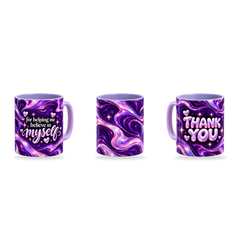 Believe In Me Mug – 320ml, Light Purple ceramic mug, three-angle overview of the Teacher’s Day artwork
