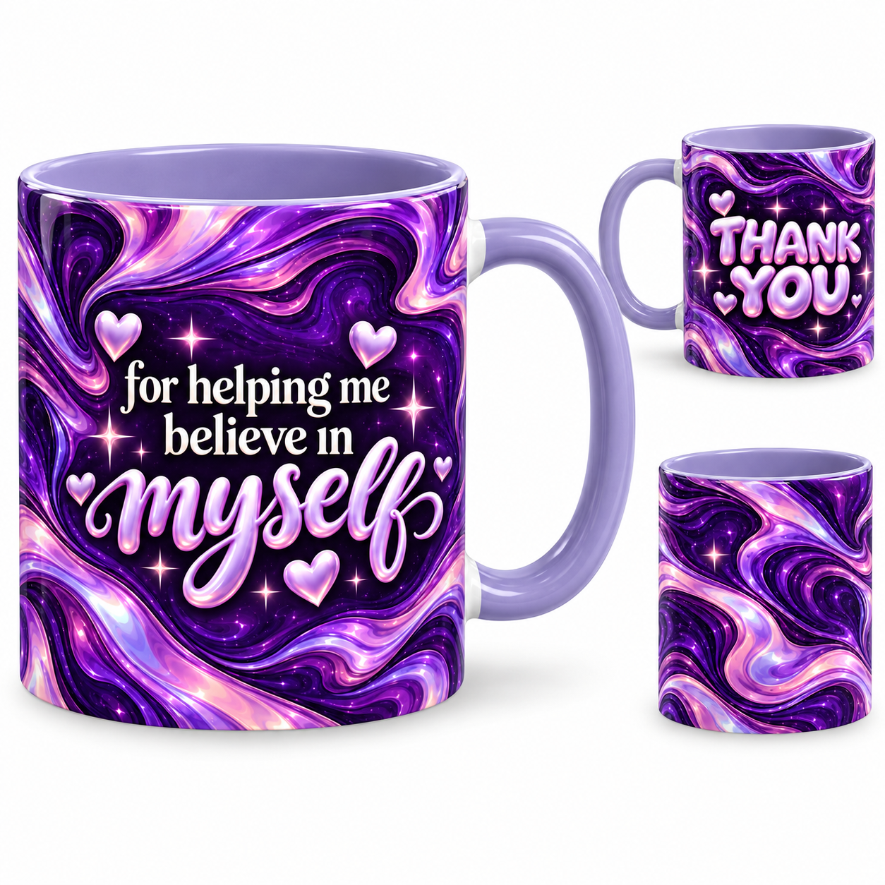Believe In Me Mug – 320ml, light purple ceramic mug, views of the full-wrap Teacher’s Day design
