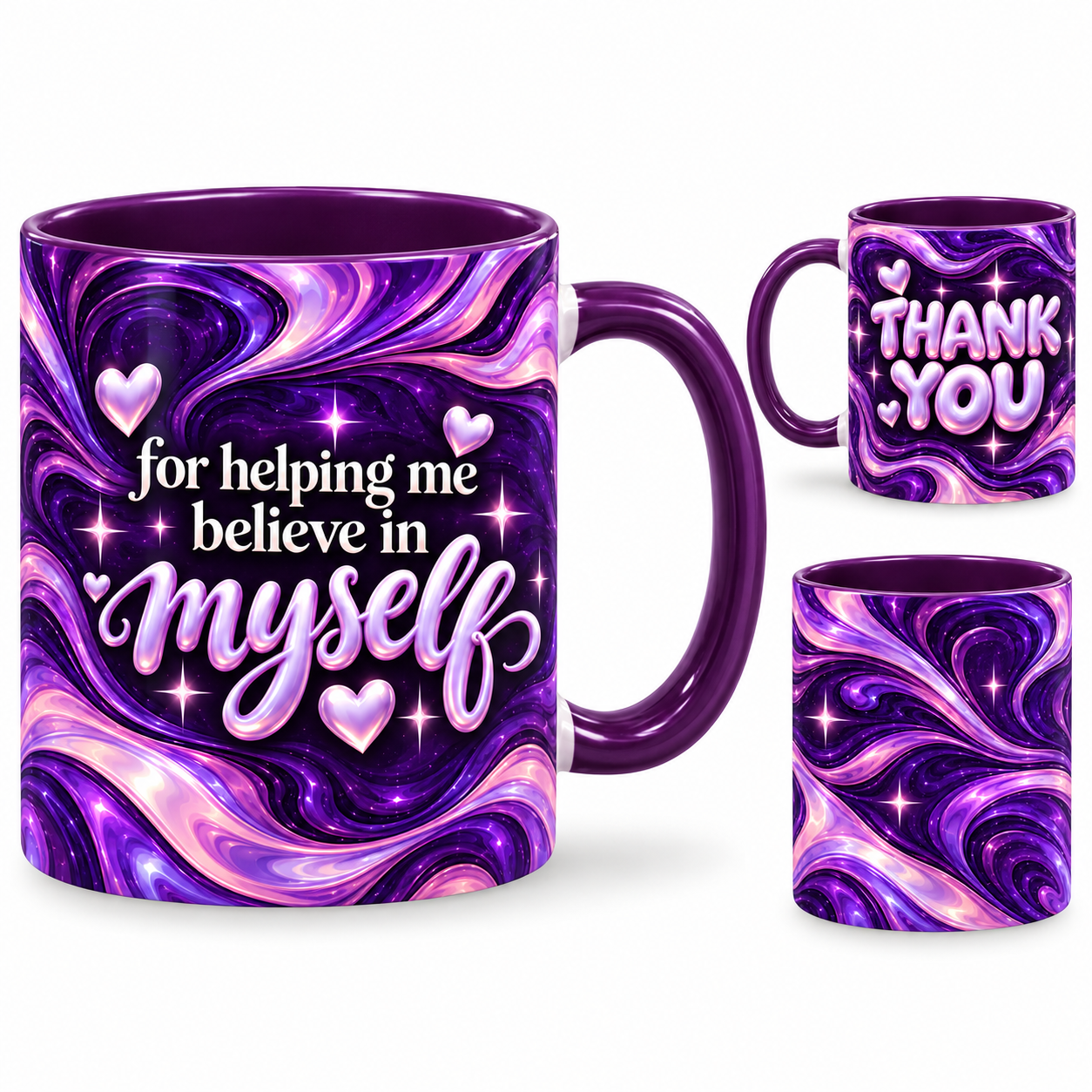 Believe In Me Mug – 320ml, purple ceramic mug, views of the full-wrap Teacher’s Day design