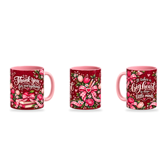 Big Heart Mug – 320ml, Pink ceramic mug, three-angle overview of the Teacher’s Day artwork