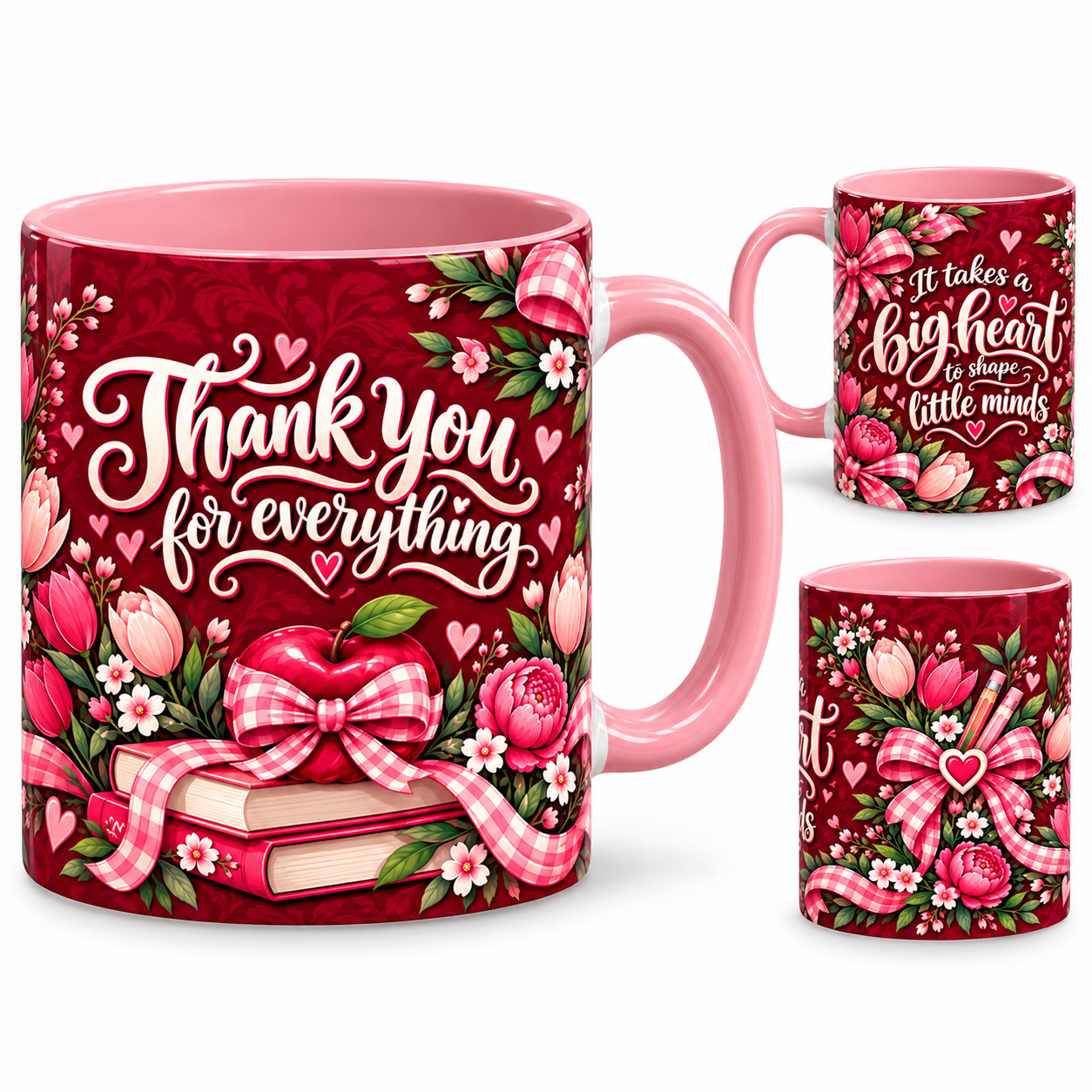 Big Heart Mug – 320ml, pink ceramic mug, views of the full-wrap Teacher’s Day design