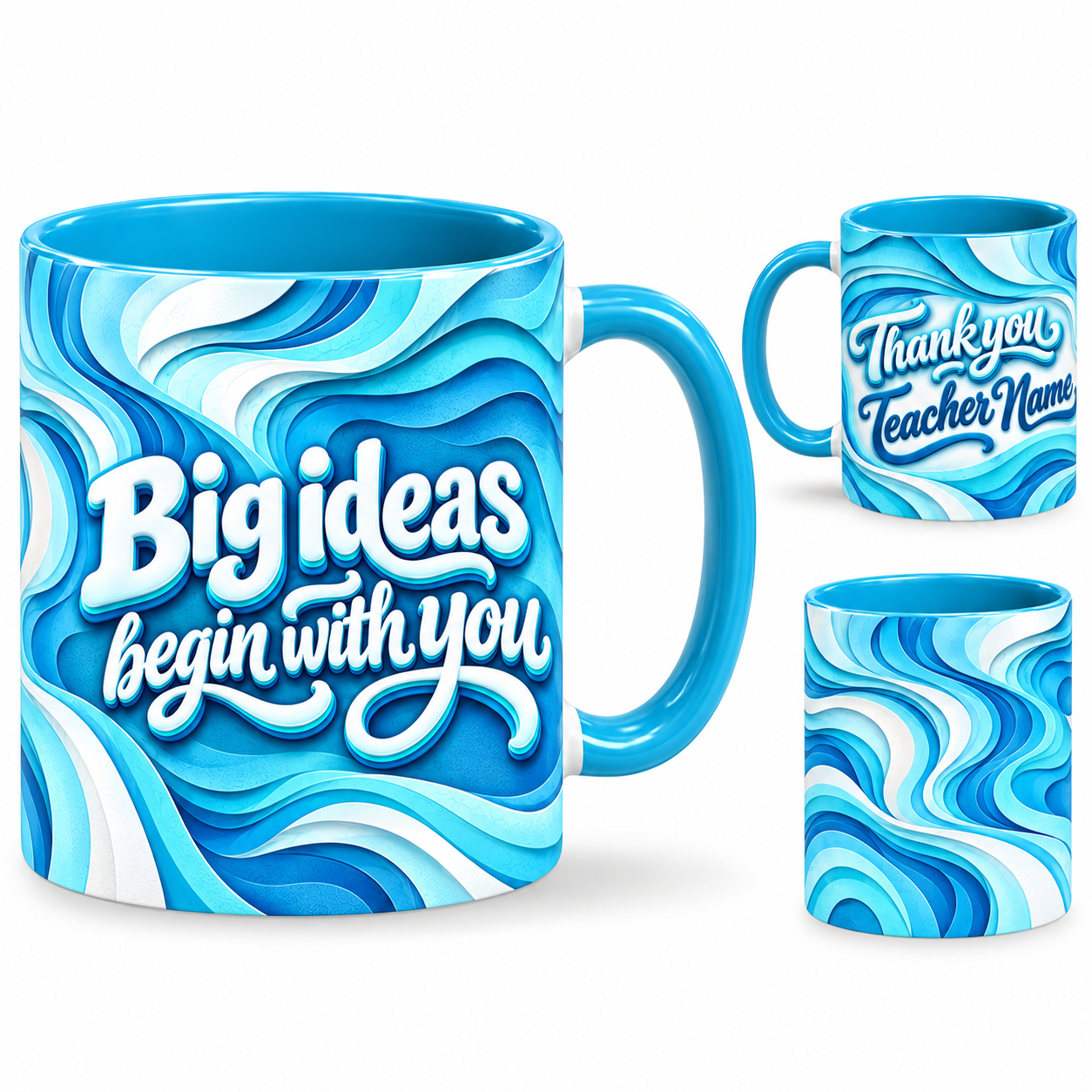 Big Ideas Mug – 320ml, light blue ceramic mug, views of the full-wrap Teacher’s Day design