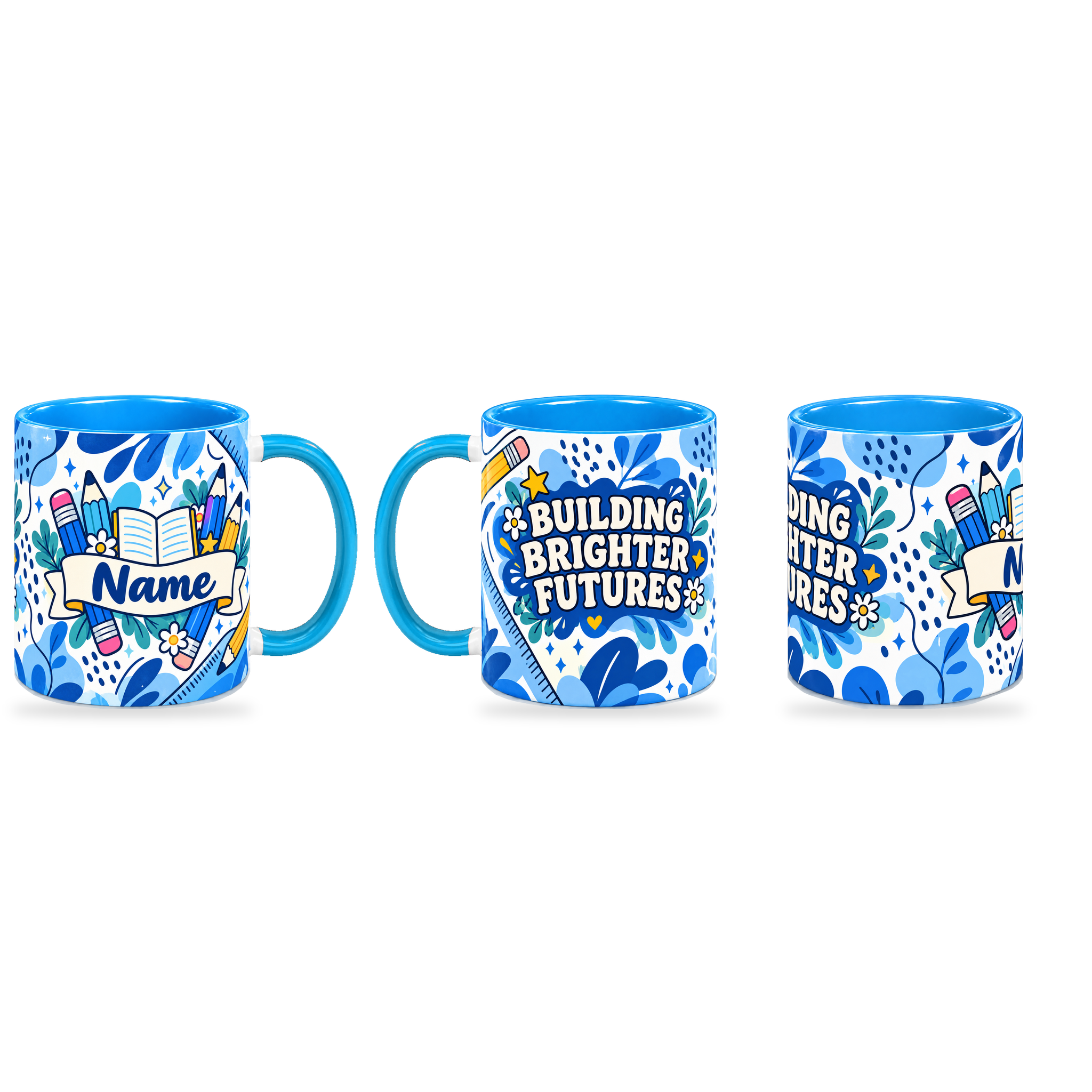 Blue Pencil Blueprint Teacher Mug – 320ml — right, left and centre views together on a transparent background