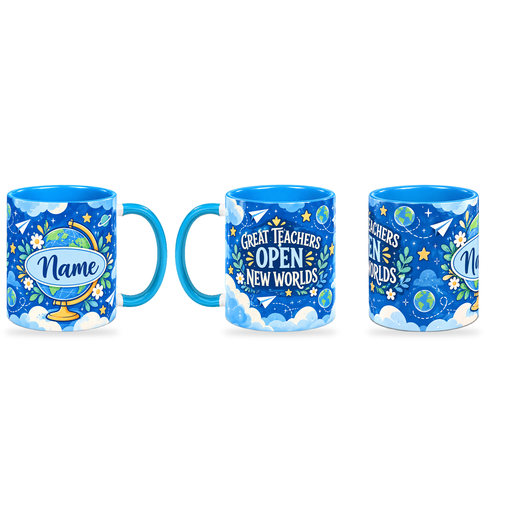 Blue Sky Explorer Teacher Mug – 320ml — right, left and centre views together on a transparent background
