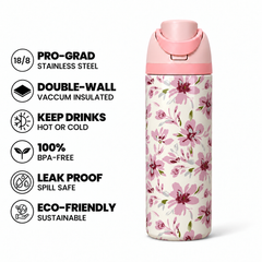 Blush Bloom Free Sip Bottle 720ML with Pink-Pink lid - insulated stainless steel features