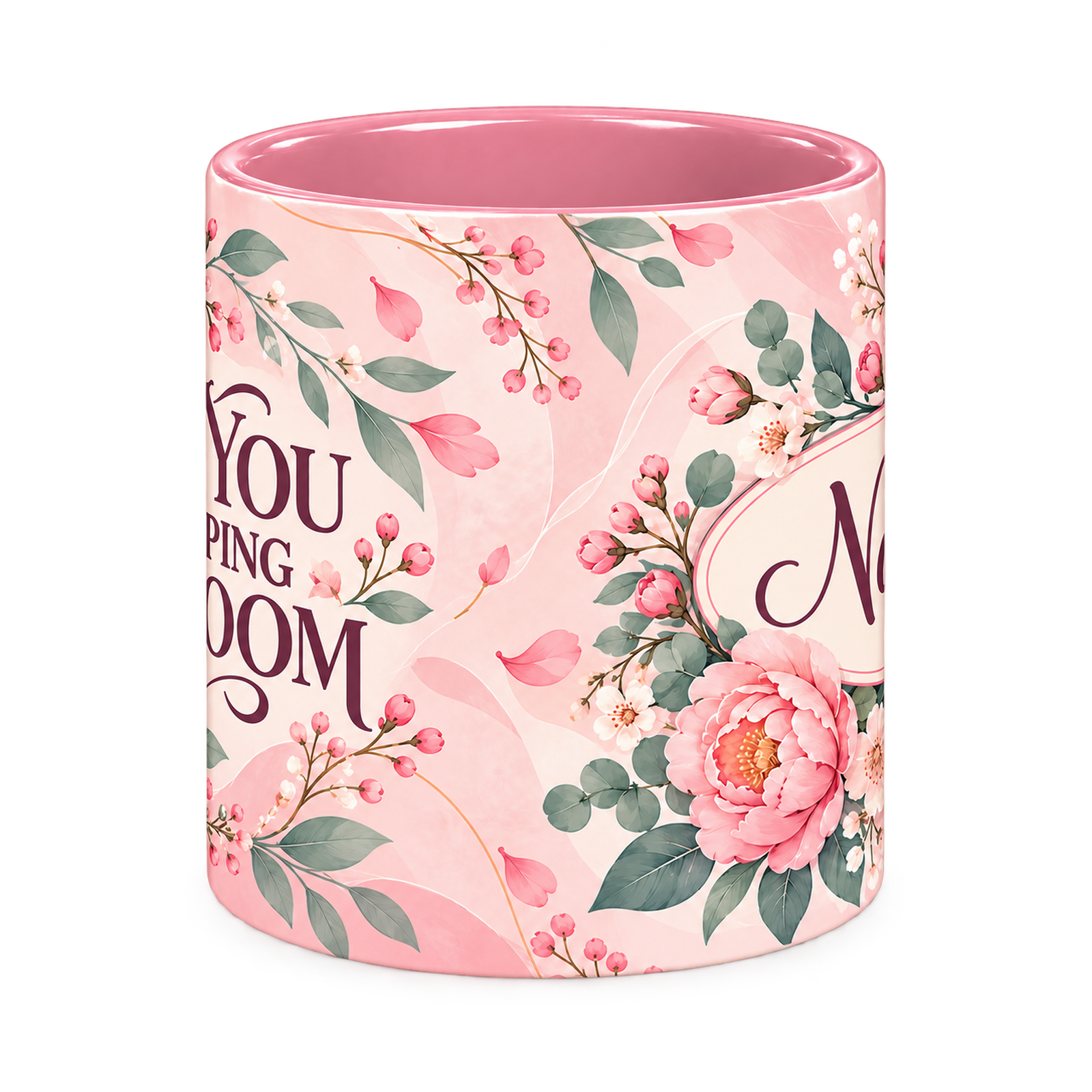 Blush Rose Gratitude Teacher Mug, pink – centre view of the full-wrap pattern