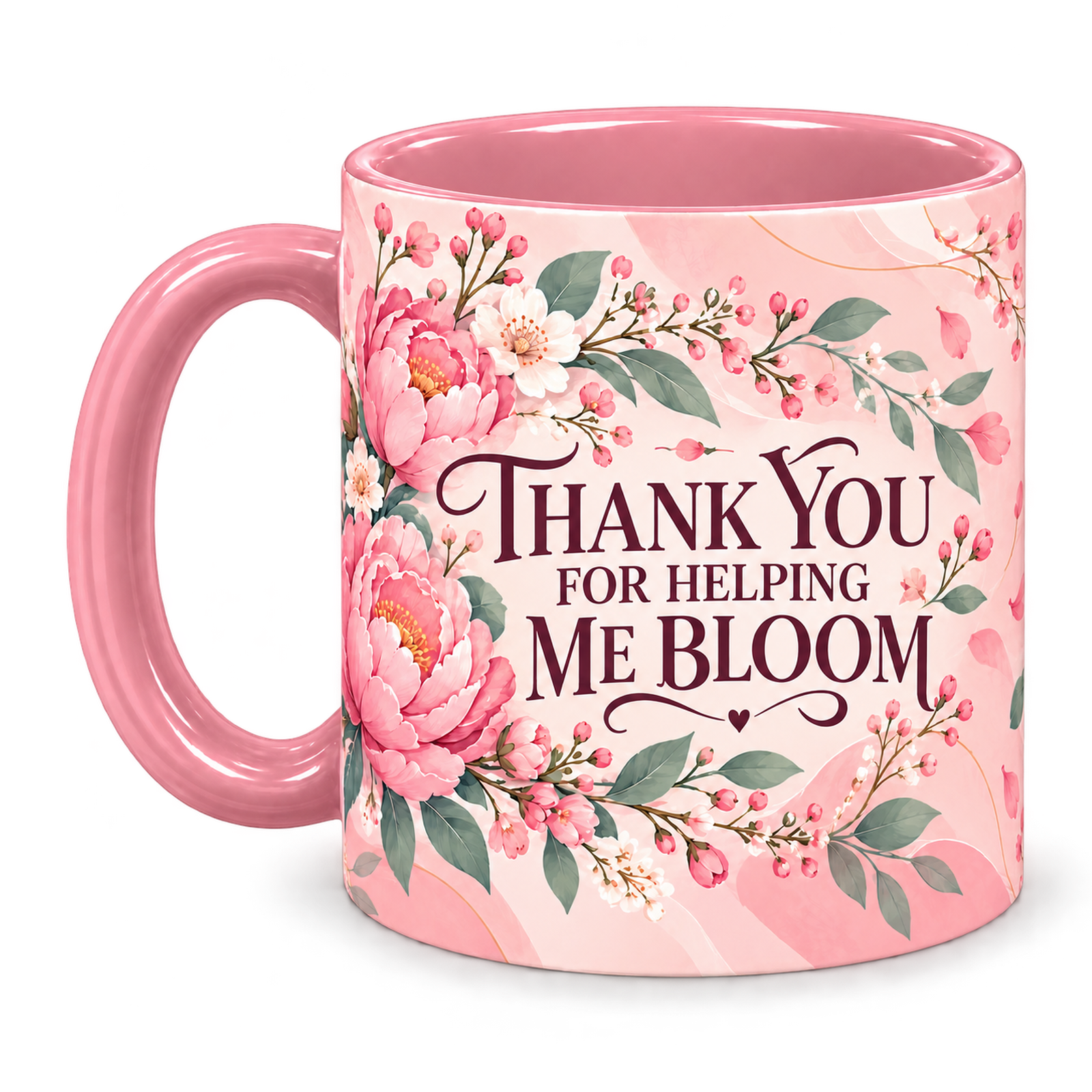 Blush Rose Gratitude Teacher Mug, pink – handle on the left, THANK YOU FOR HELPING ME BLOOM