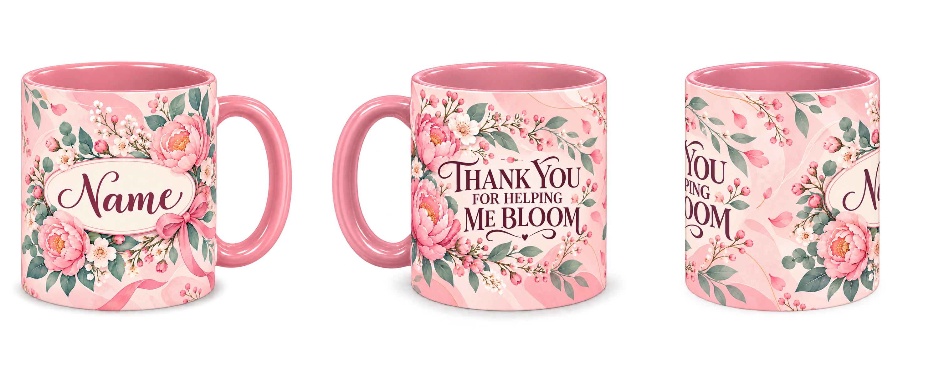 Blush Rose Gratitude Teacher Mug, pink – right, left and centre views side by side