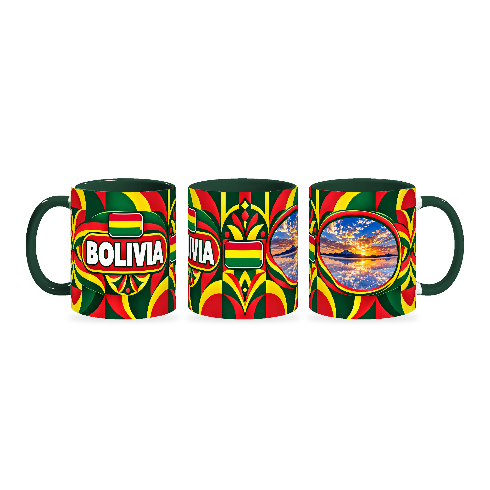 Bolivia Mug – 320ml with dark green handle, shown in three matching angles of the glossy full-wrap design by Fann Bliss.