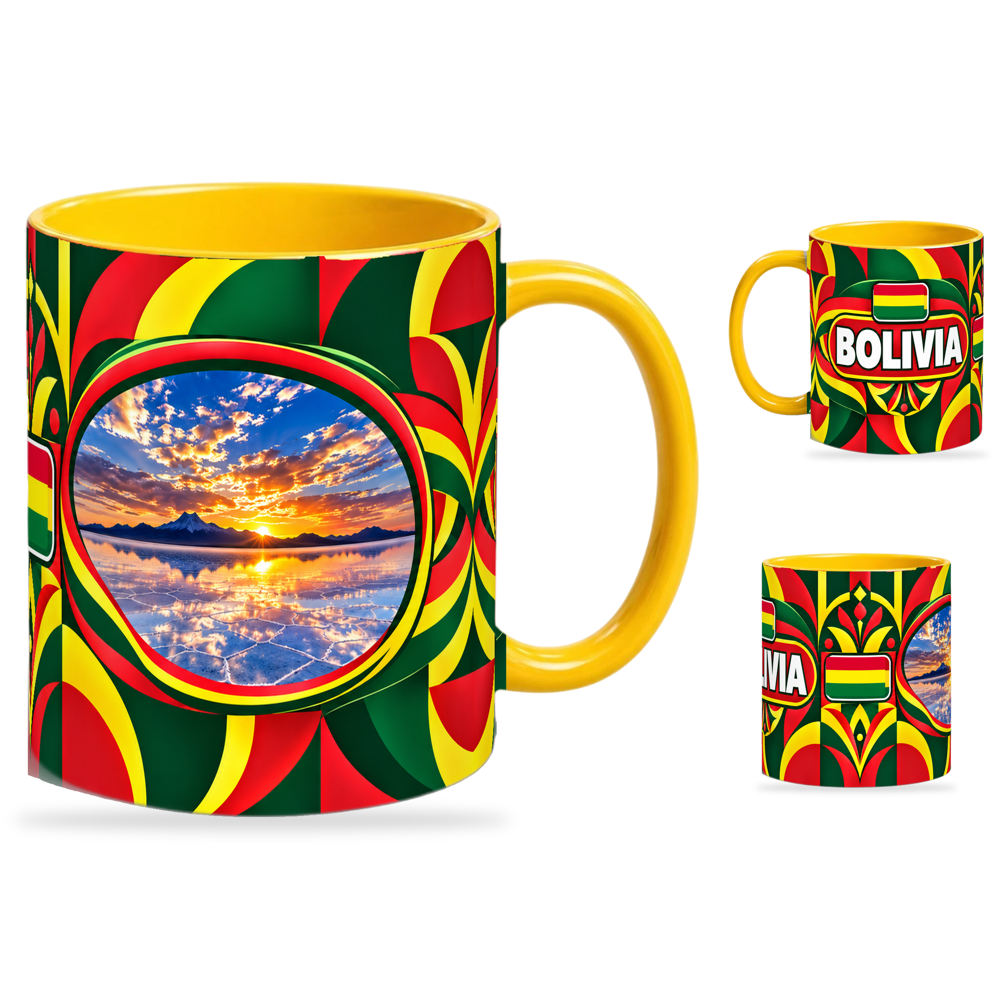 Bolivia Mug Yellow – 320ml with yellow handle, showing the landmark side plus companion country-name and centered-flag views of the glossy full-wrap design by Fann Bliss.