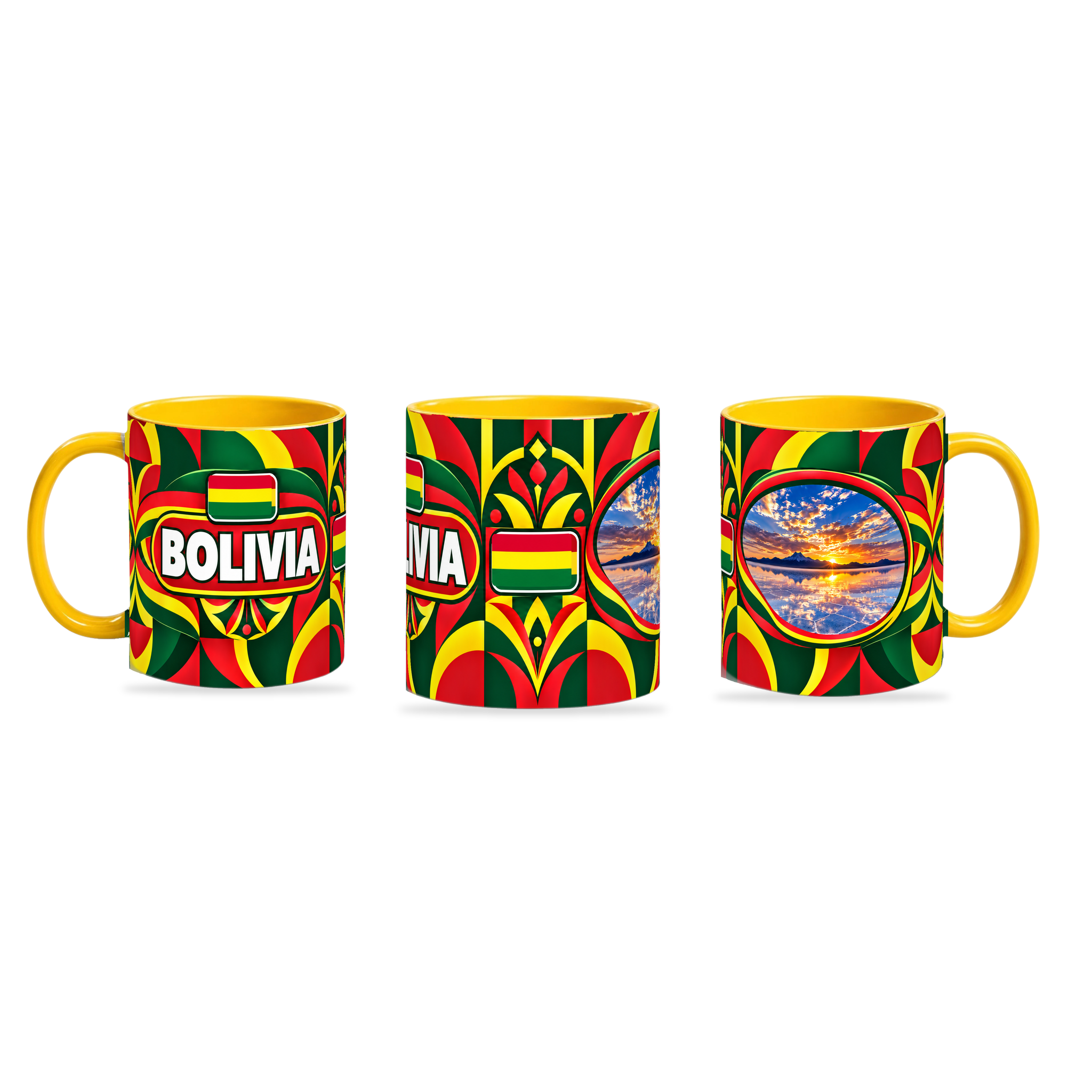 Bolivia Mug Yellow – 320ml with yellow handle, shown in three matching angles of the glossy full-wrap design by Fann Bliss.