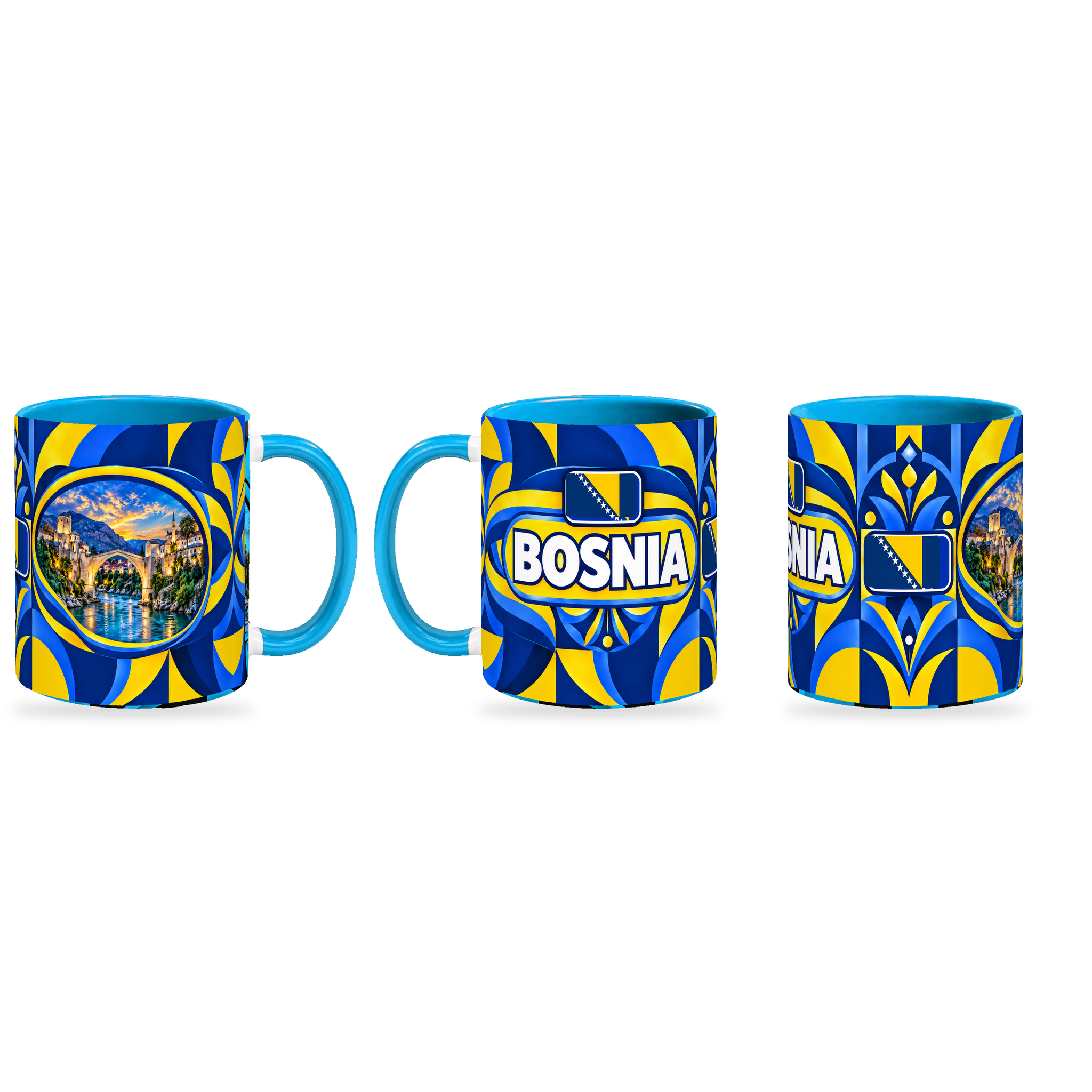 Bosnia Mug – 320ml — three matching angles together on white with a soft shadow
