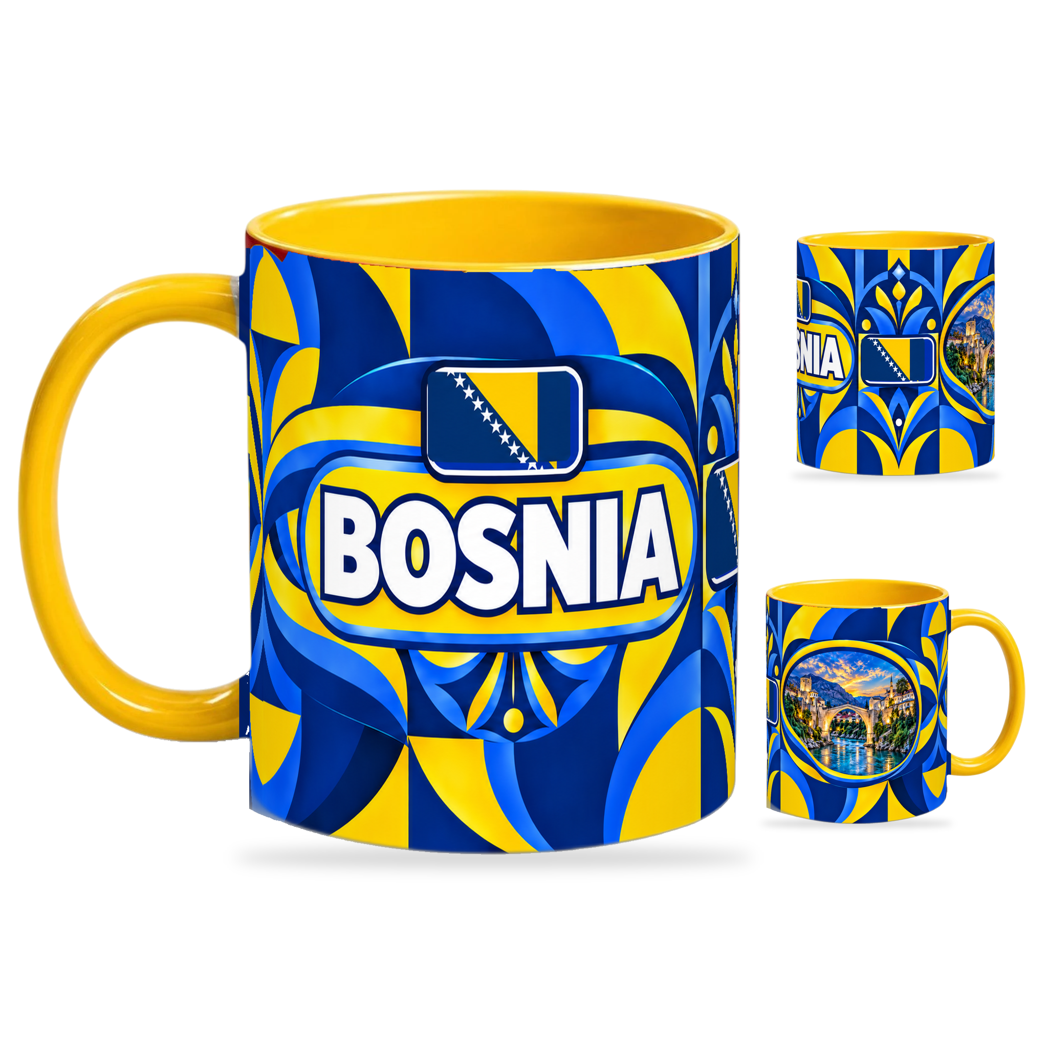 Bosnia Mug Yellow – 320ml with yellow handle, showing the country-name side plus companion centered-flag and landmark views of the glossy full-wrap design by Fann Bliss.