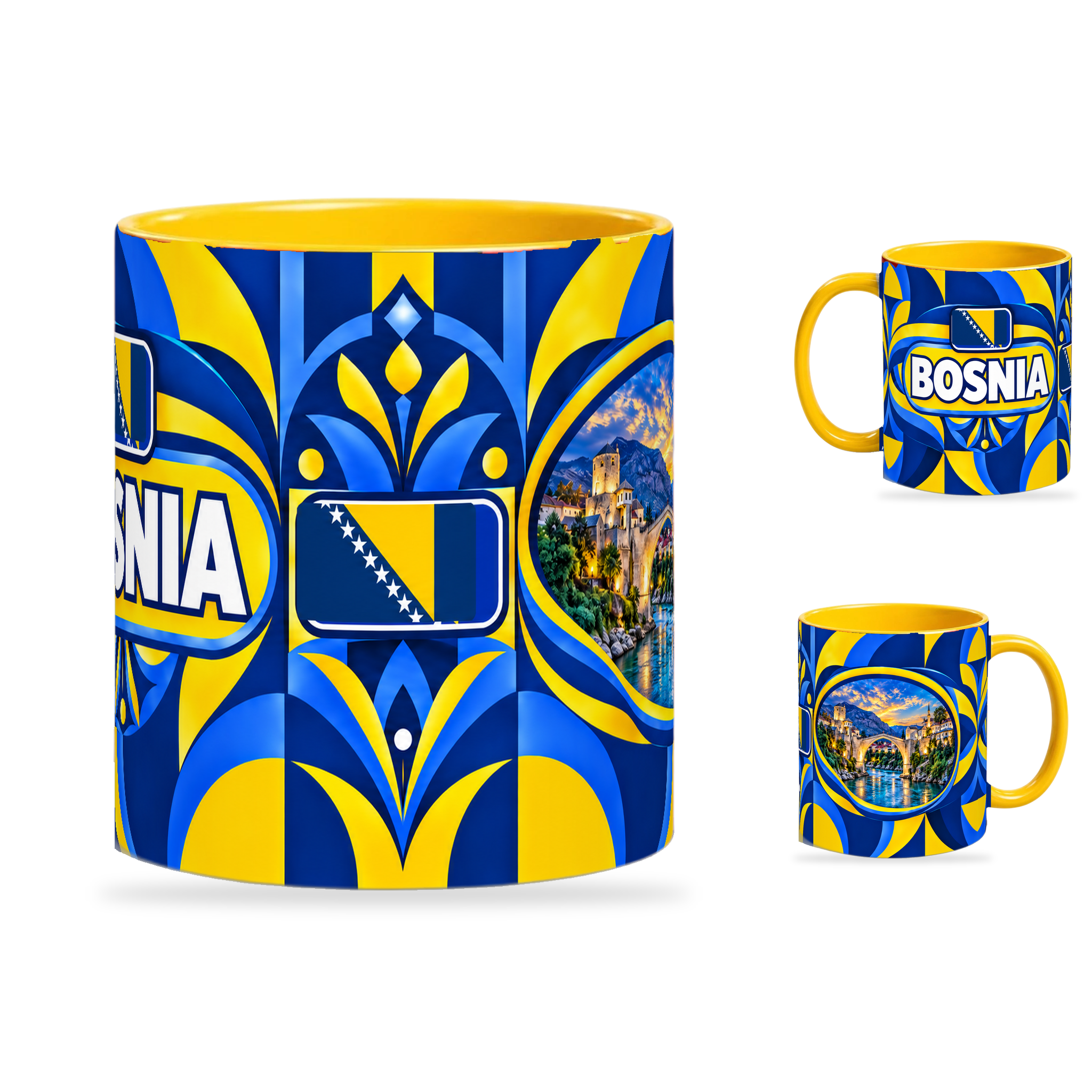 Bosnia Mug Yellow – 320ml with yellow handle, showing the centered flag view plus companion country-name and landmark views of the glossy full-wrap design by Fann Bliss.