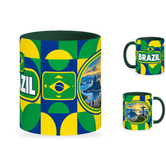 Brazil Mug – 320ml with dark green handle, showing the centered flag view plus companion country-name and landmark views of the glossy full-wrap design by Fann Bliss.