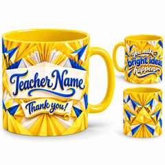 Bright Ideas Mug – 320ml, yellow ceramic mug, views of the full-wrap Teacher’s Day design