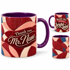 Bright Minds Mug – 320ml, purple ceramic mug, views of the full-wrap Teacher’s Day design