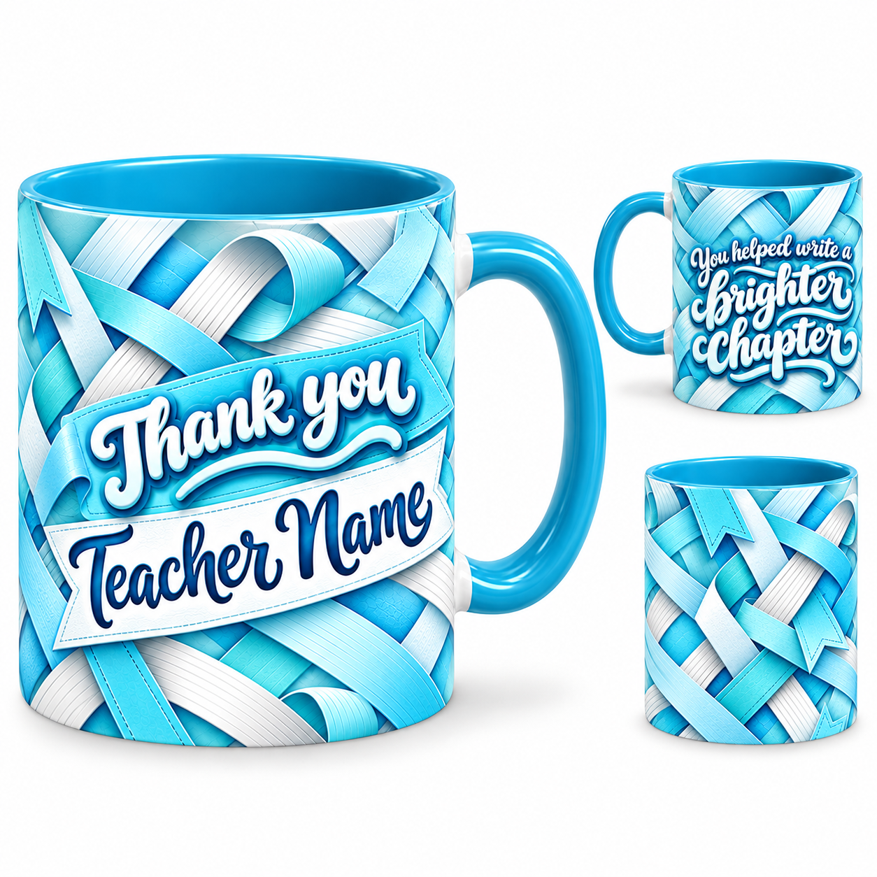 Brighter Chapter Mug – 320ml, light blue ceramic mug, views of the full-wrap Teacher’s Day design