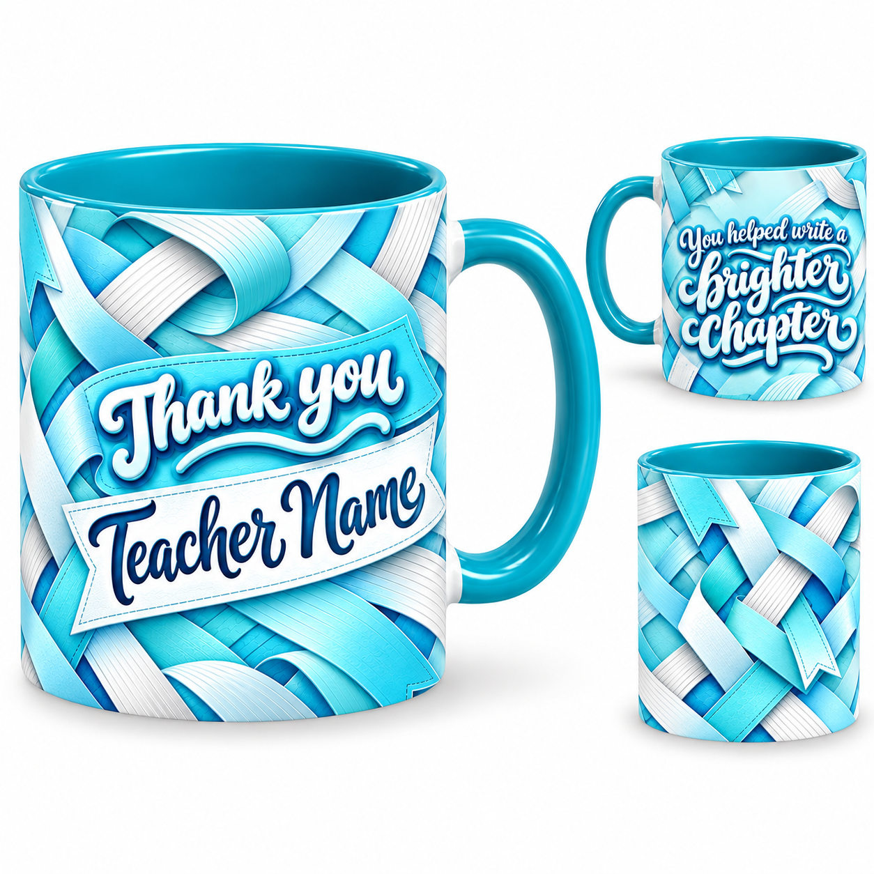 Brighter Chapter Mug – 320ml, teal ceramic mug, views of the full-wrap Teacher’s Day design
