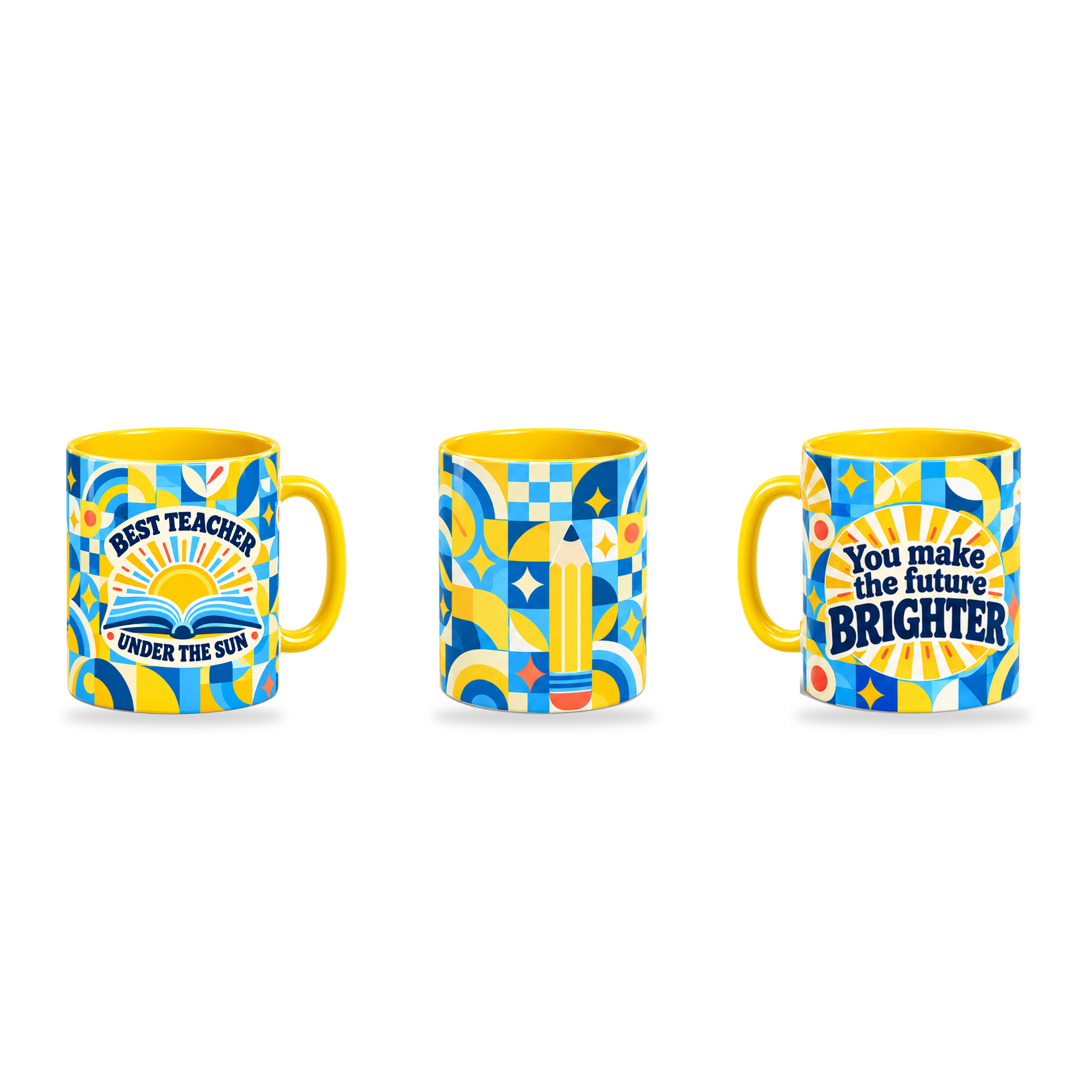 Brighter Future Mug – 320ml, Yellow ceramic mug, three-angle overview of the Teacher’s Day artwork
