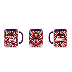 Brilliant Discoveries Mug – 320ml, Purple ceramic mug, three-angle overview of the Teacher’s Day artwork