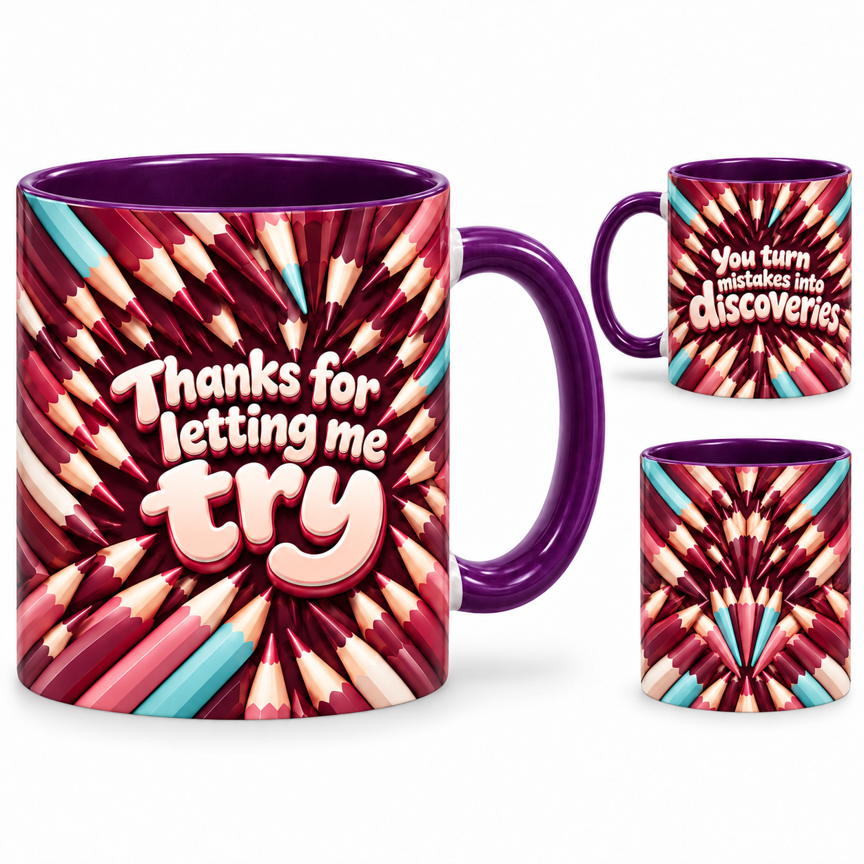 Brilliant Discoveries Mug – 320ml, purple ceramic mug, views of the full-wrap Teacher’s Day design