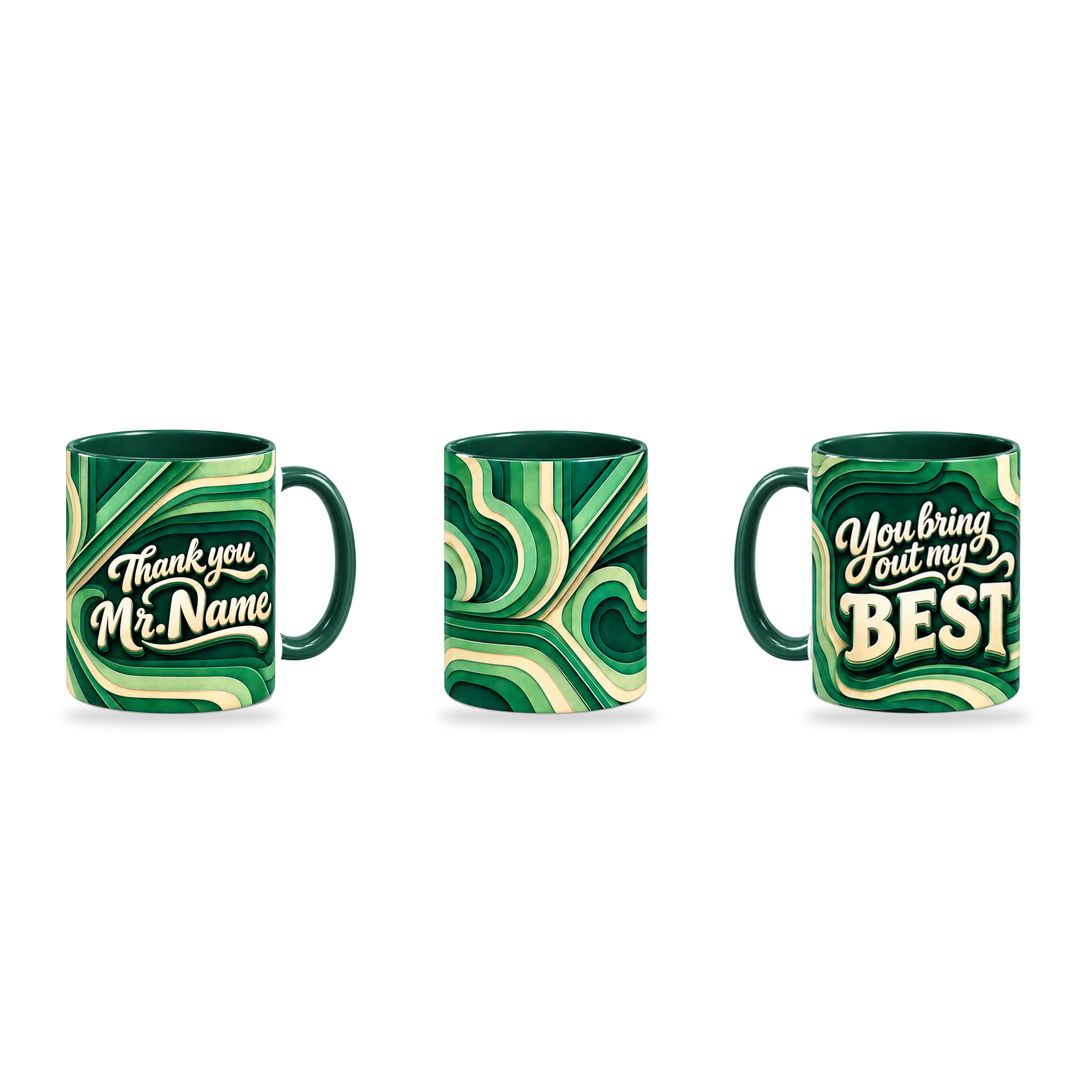 Bring Out Best Mug – 320ml, Dark Green ceramic mug, three-angle overview of the Teacher’s Day artwork