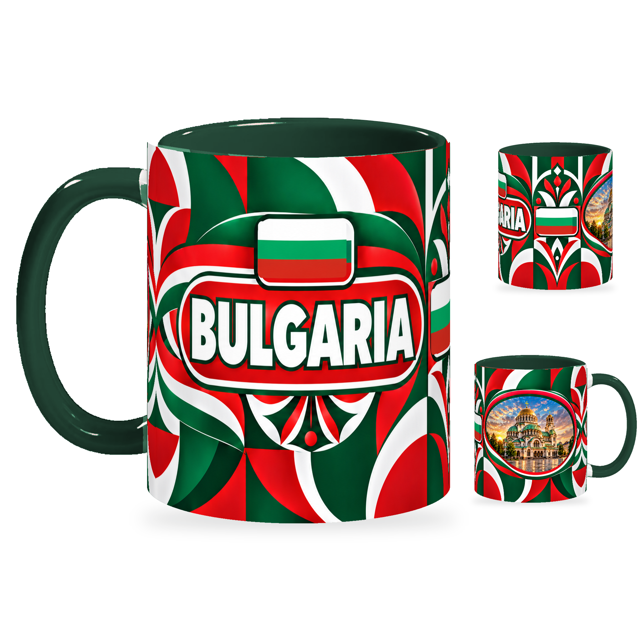 Bulgaria Mug – 320ml with dark green handle, showing the country-name side plus companion centered-flag and landmark views of the glossy full-wrap design by Fann Bliss.