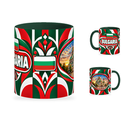 Bulgaria Mug – 320ml with dark green handle, showing the centered flag view plus companion country-name and landmark views of the glossy full-wrap design by Fann Bliss.
