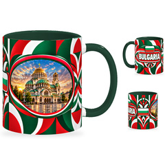 Bulgaria Mug – 320ml with dark green handle, showing the landmark side plus companion country-name and centered-flag views of the glossy full-wrap design by Fann Bliss.
