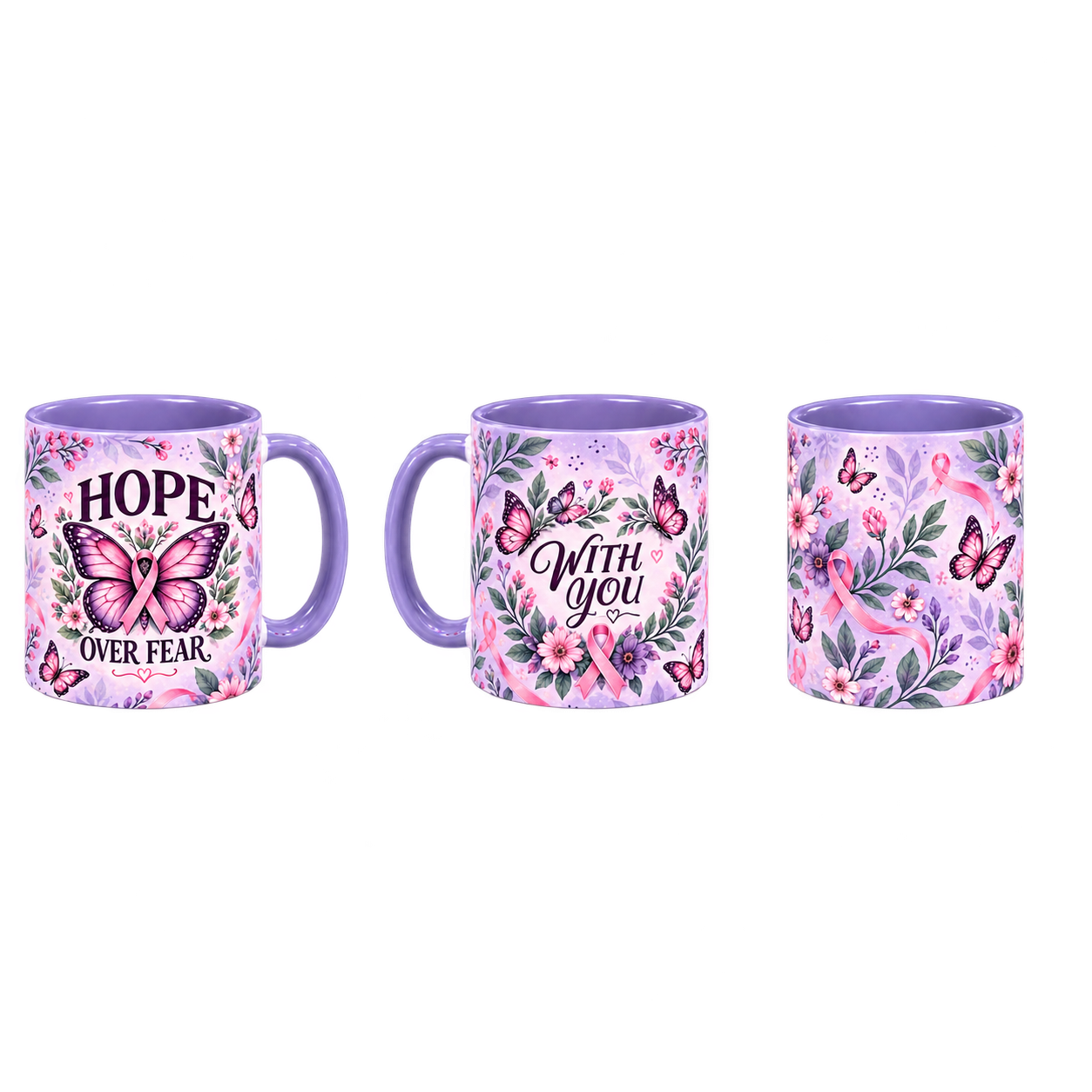 Butterfly Hope Pinktober Mug – Light Purple, 320ml, three-view overview