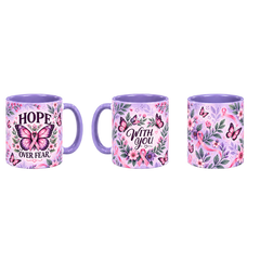 Butterfly Hope Pinktober Mug – Light Purple, 320ml, three-view overview