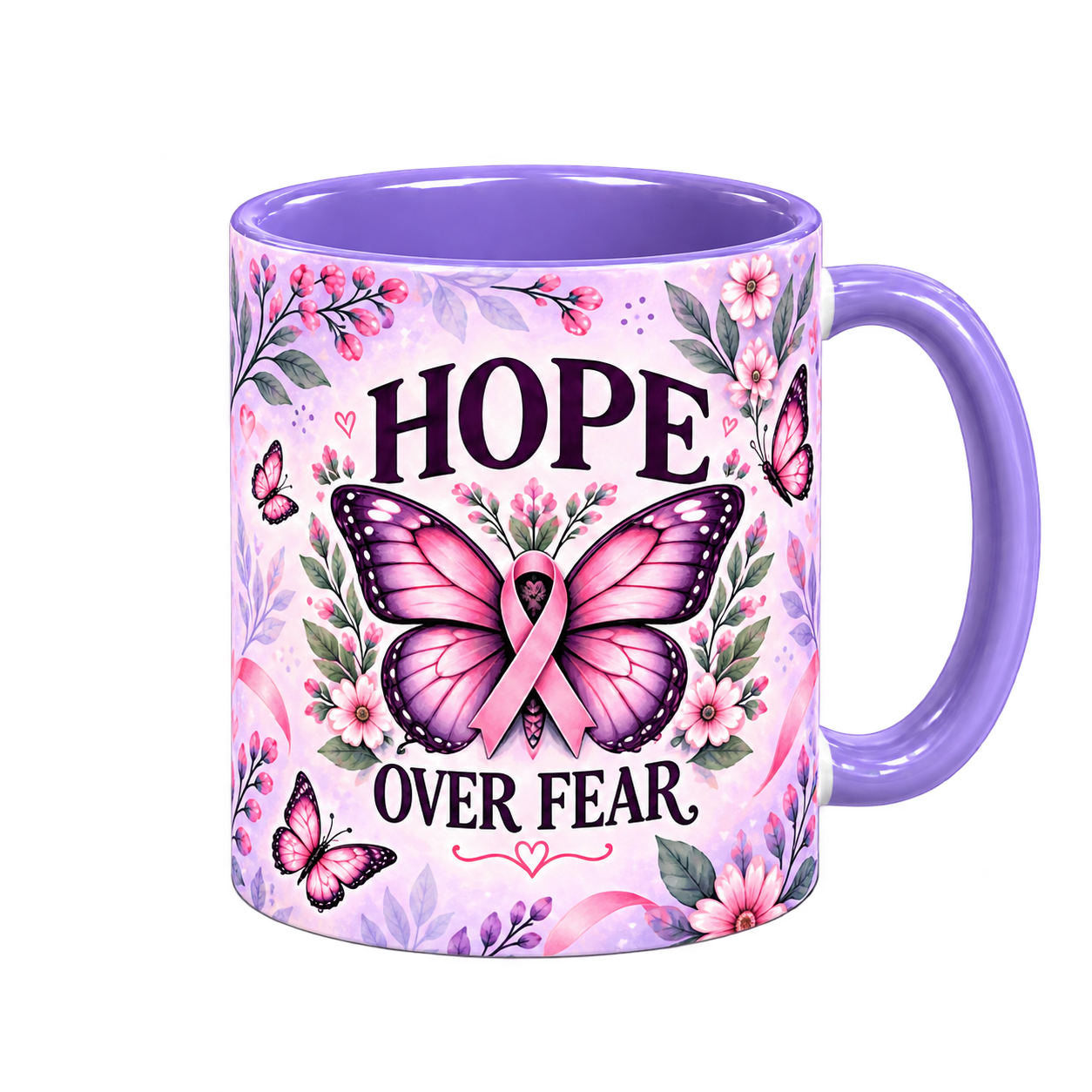 Butterfly Hope Pinktober Mug – Light Purple, 320ml, right handle view