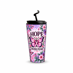 Butterfly Hope Pinktober Tumbler – 480ml, open flip-spout lid view