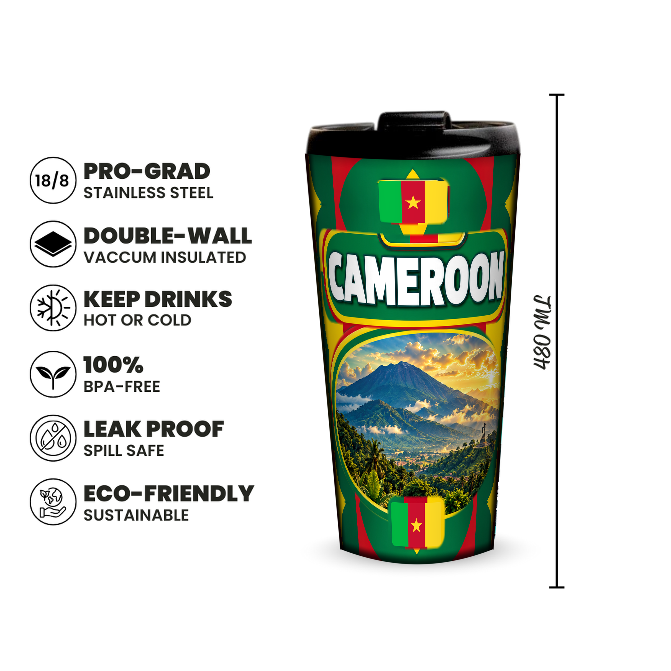Cameroon 480ml insulated tumbler features and size
