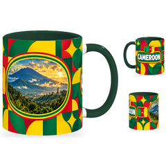 Cameroon Mug – 320ml with dark green handle, showing the landmark side plus companion country-name and centered-flag views of the glossy full-wrap design by Fann Bliss.