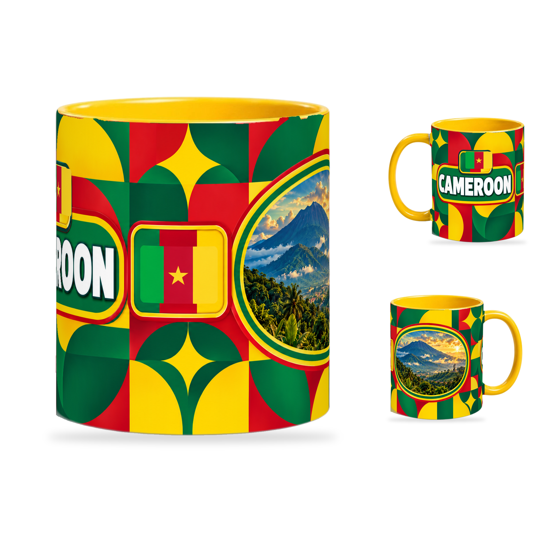 Cameroon Mug Yellow – 320ml with yellow handle, showing the centered flag view plus companion country-name and landmark views of the glossy full-wrap design by Fann Bliss.