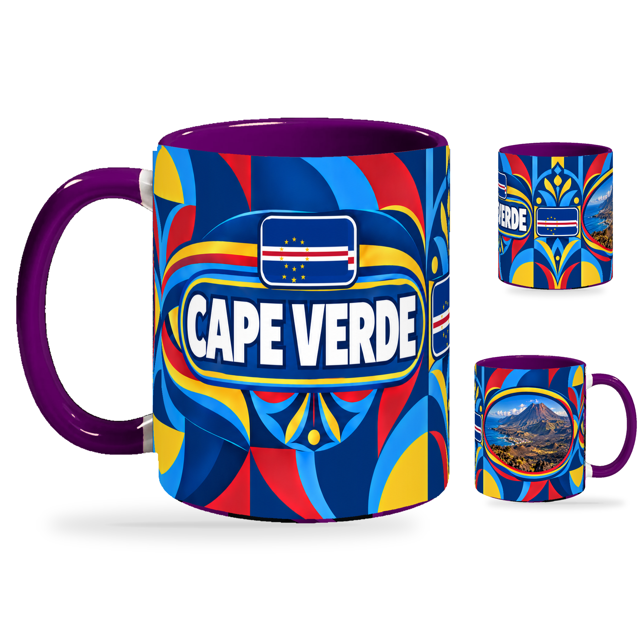 Cape Verde Mug Purple – 320ml with purple handle, showing the country-name side plus companion centered-flag and landmark views of the glossy full-wrap design by Fann Bliss.