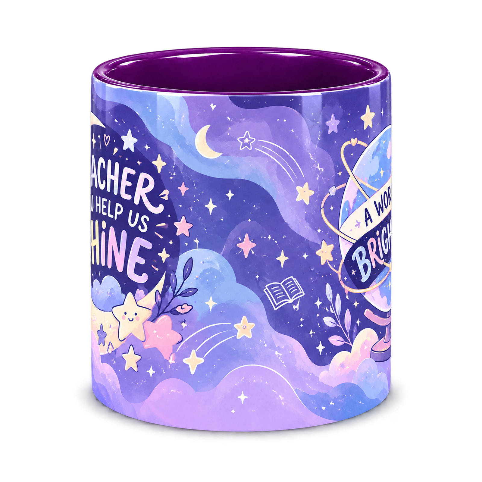 Celestial Classroom Teacher Mug, purple – centre view of the full-wrap pattern
