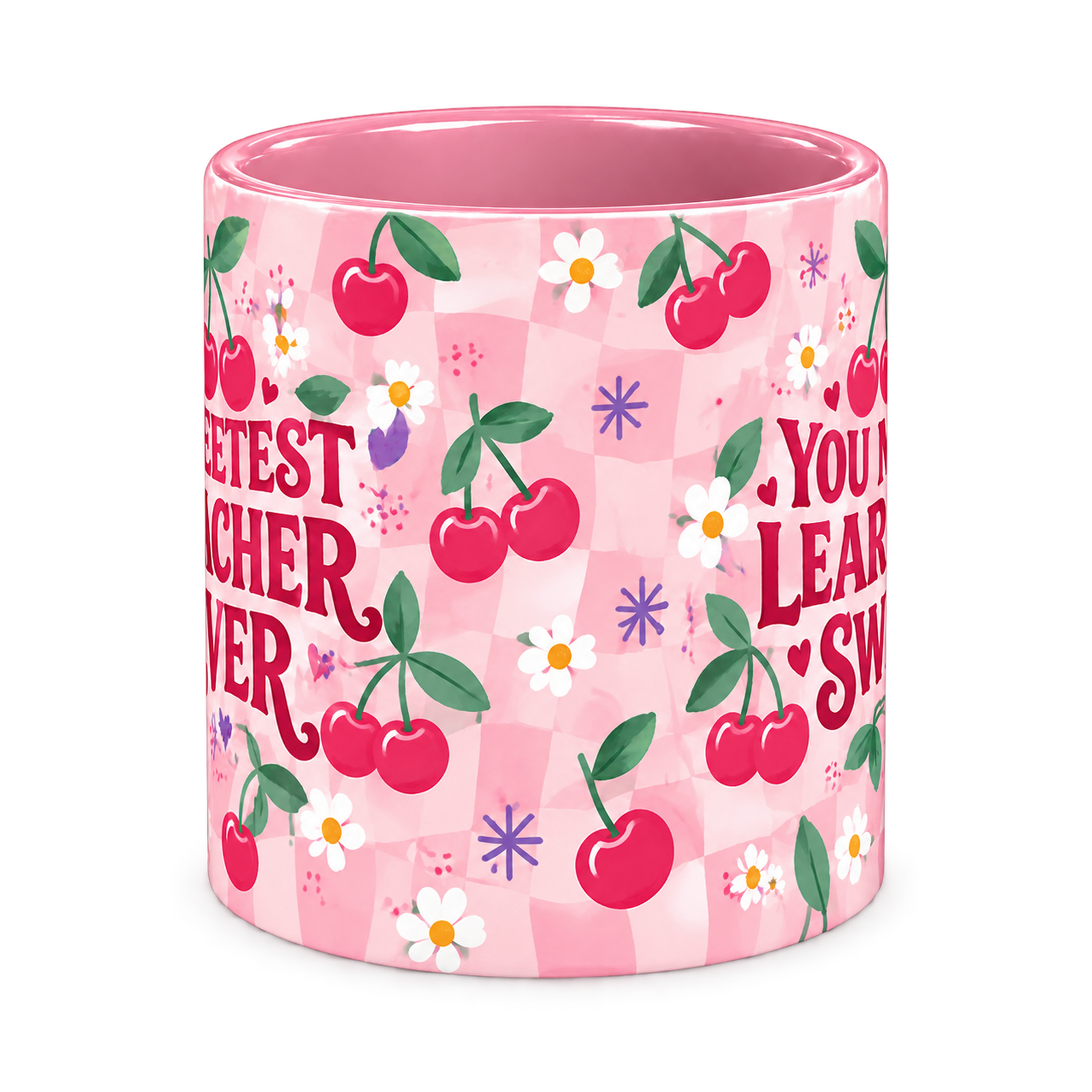 Cherry Sweet Teacher Mug, pink – centre view of the full-wrap pattern