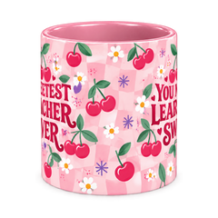 Cherry Sweet Teacher Mug, pink – centre view of the full-wrap pattern
