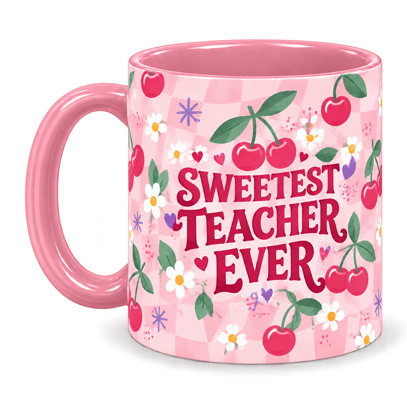 Cherry Sweet Teacher Mug, pink – handle on the left, SWEETEST TEACHER EVER