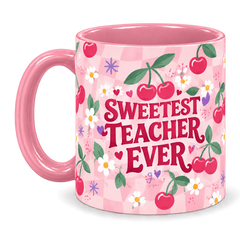 Cherry Sweet Teacher Mug, pink – handle on the left, SWEETEST TEACHER EVER