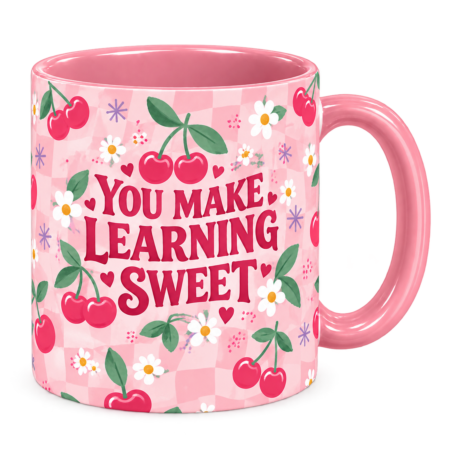 Cherry Sweet Teacher Mug, pink – handle on the right, YOU MAKE LEARNING SWEET