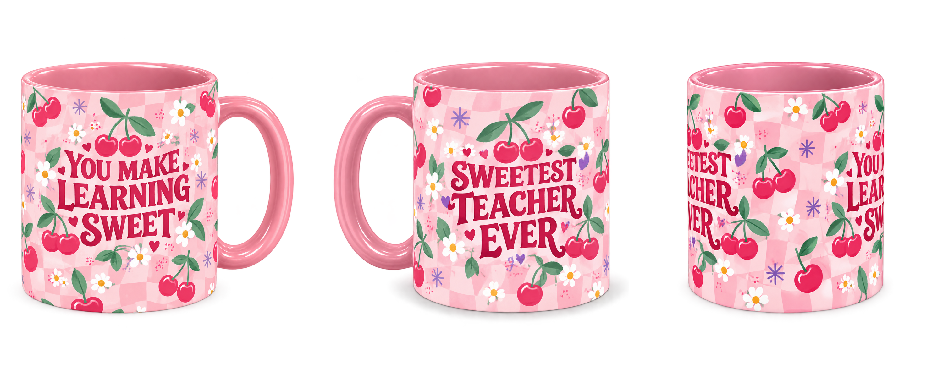 Cherry Sweet Teacher Mug, pink – right, left and centre views side by side