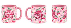 Cherry Sweet Teacher Mug, pink – right, left and centre views side by side