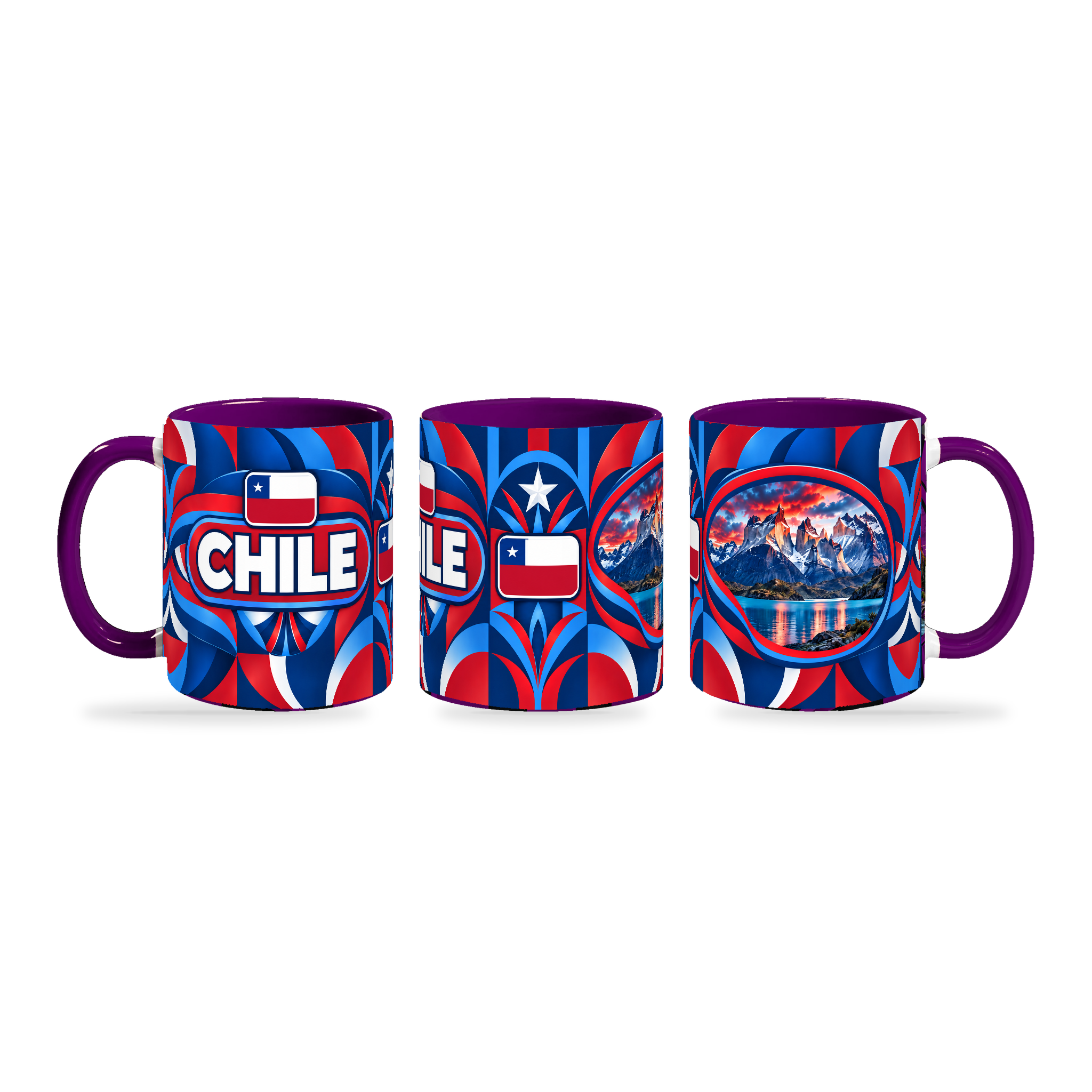 Chile Mug Purple – 320ml with purple handle, shown in three matching angles of the glossy full-wrap design by Fann Bliss.