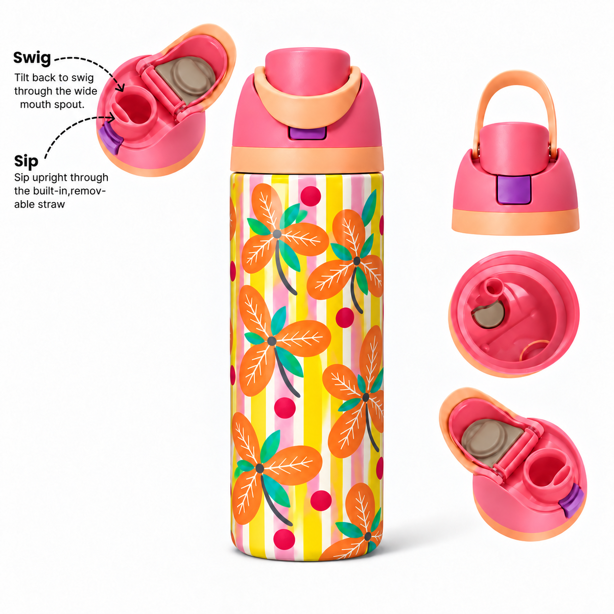 Citrus Bloom Free Sip Bottle 720ML with Pink-Orange lid - sip and swig lid details