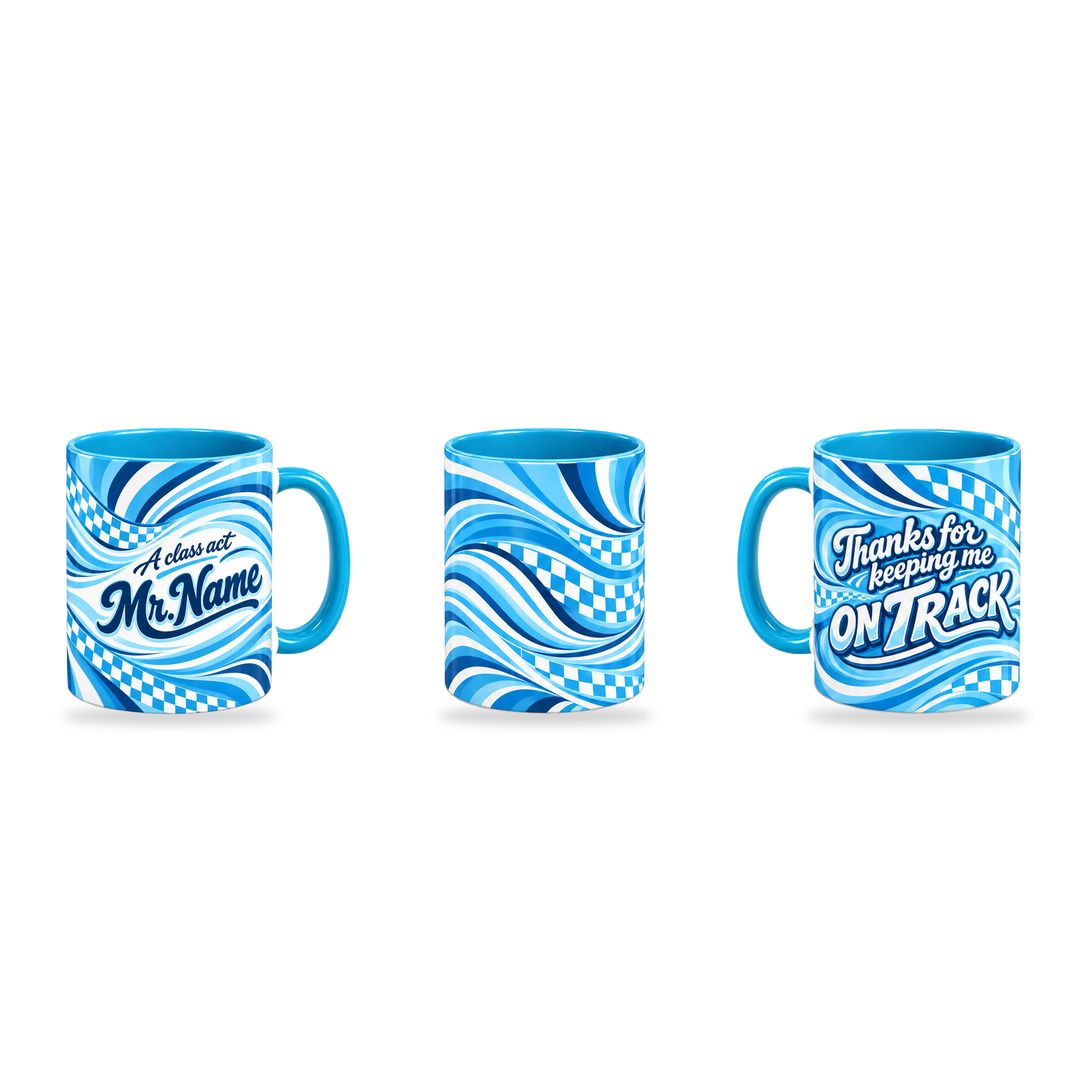 Class Act Mug – 320ml, Light Blue ceramic mug, three-angle overview of the Teacher’s Day artwork